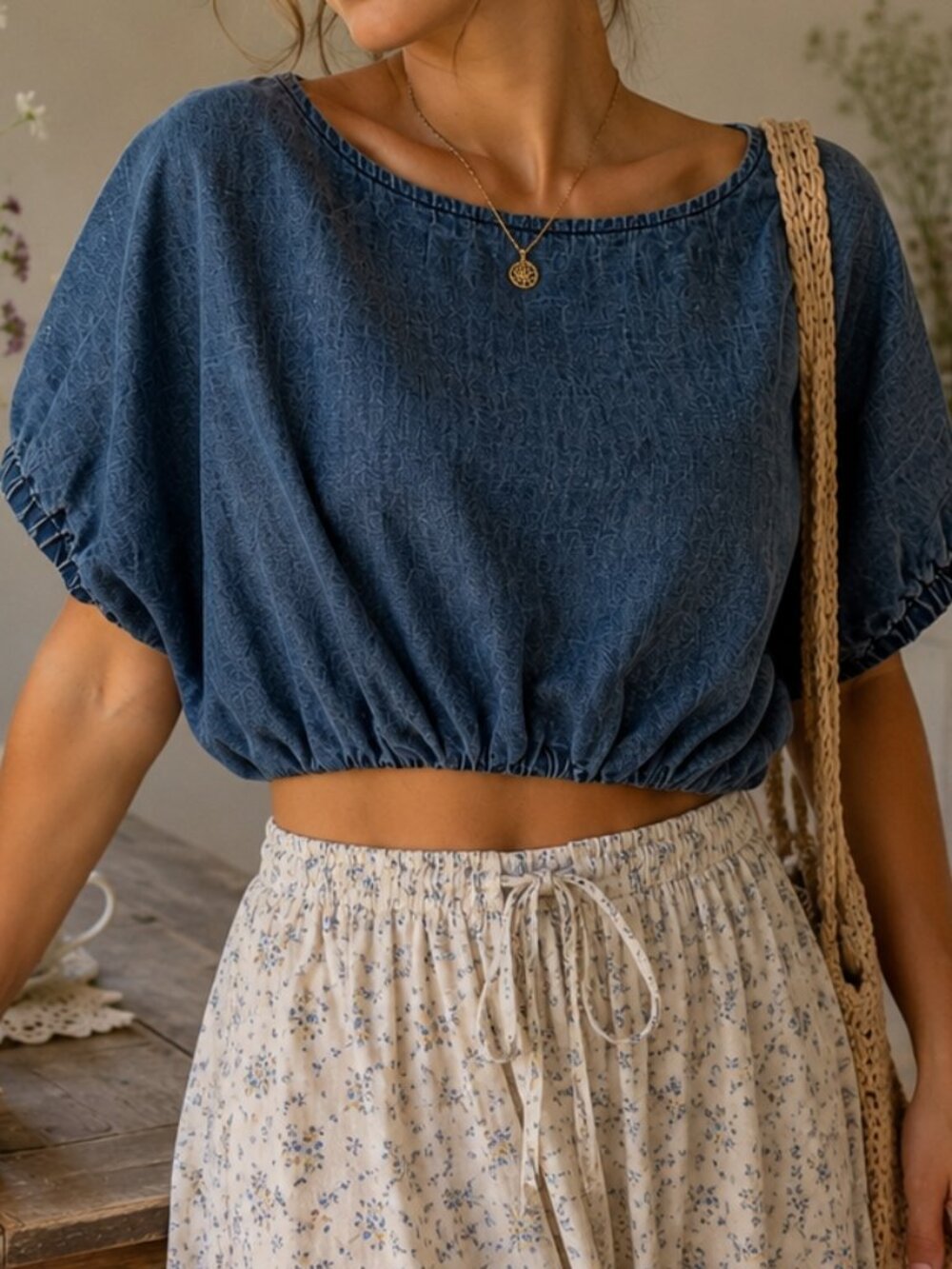 Miou Muse Denim Cropped Peasant Top Women's Small Blue Puff Sleeve Blouse